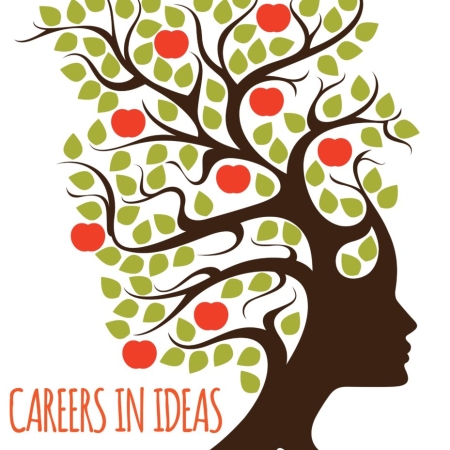 The Careers in Ideas logo: a brown silhouette of a sideways-facing head and neck, in which the hair becomes the branches of an apple tree with green leaves and orange apples. The wording "Careers in Ideas" appears in orange to the left of the lower part of the silhouette.