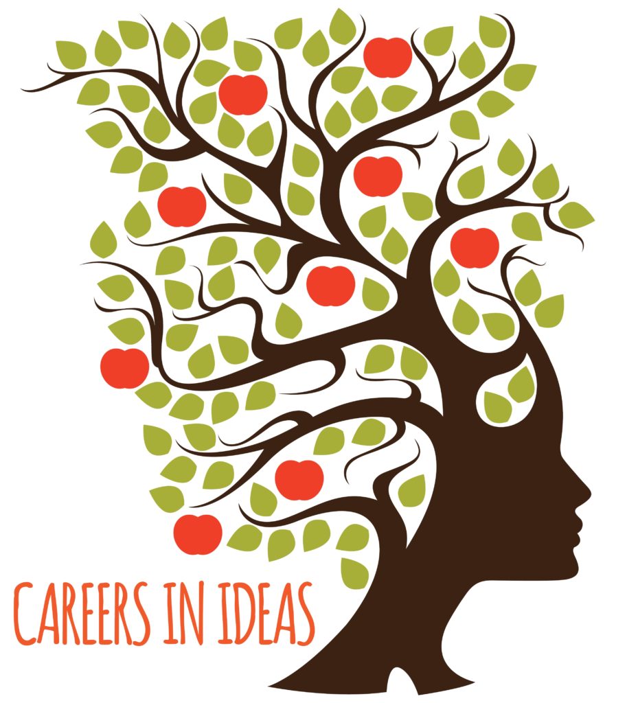 The Careers in Ideas logo: a brown silhouette of a sideways-facing head and neck, in which the hair becomes the branches of an apple tree with green leaves and orange apples. The wording 