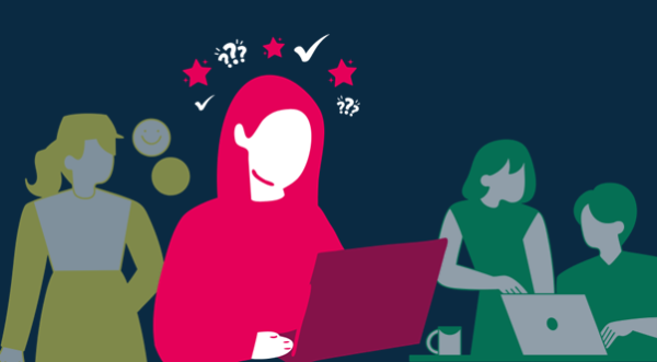 A stylised image with 3 people in the background and 1 person highlighted in the foreground, who is looking at a laptop and has various star, tick and question mark symbols around her head.