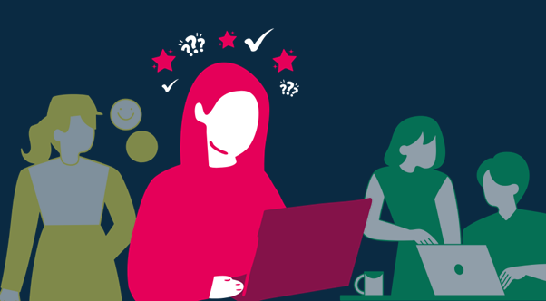 A stylised image with 3 people in the background and 1 person highlighted in the foreground, who is looking at a laptop and has various star, tick and question mark symbols around her head.