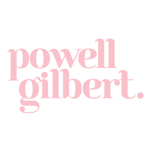Powell Gilbert logo which is the name in pink lower case font