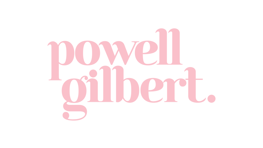 Powell Gilbert logo which is the name in pink lower case font